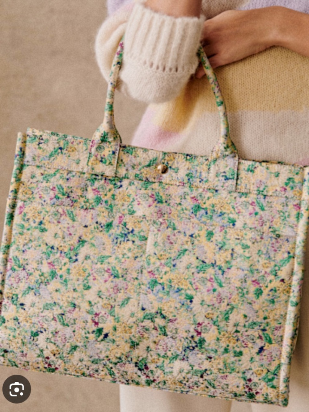 Sezane Floral Multi-Color Canvas Tote in Cream, Green, Pink, Yellow